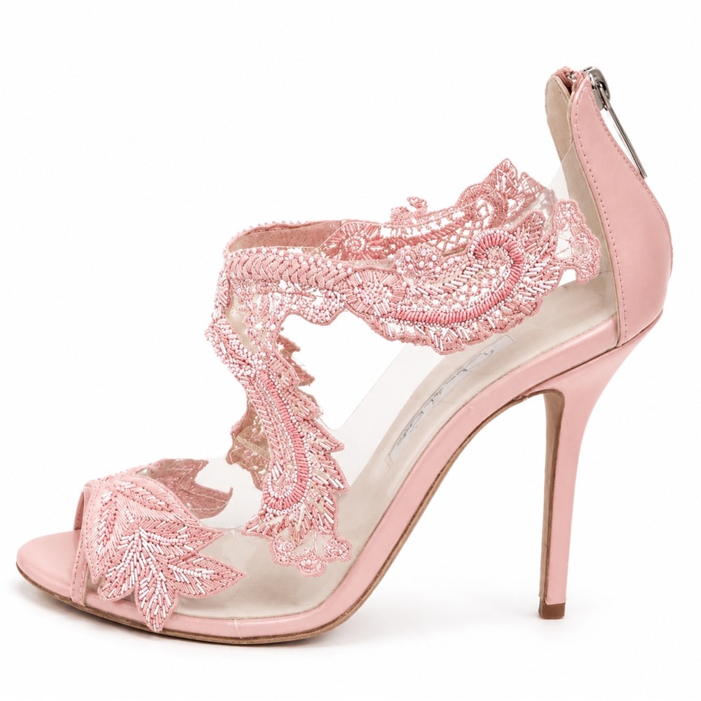 Oscar de la Renta Soft Pink PVC Patent Leather Amria Cut Out Sandals Sz 40 - Picture 2 of 15